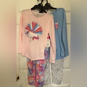 2 Pair of NEW Girls’ Size L Pajama Sets- Pink Unicorn and Blue Boba Drinks